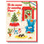 Vintage-style Christmas card with a blue chair, Christmas tree, and presents.