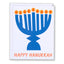 Greeting card with blue menorah and orange flames on a white background