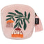 Pink pouch with embroidered palm tree design and tassel on a white background