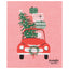 Illustration of a red car with Christmas tree and gifts on a pink background, featuring the brand 'Ecologie danica'.