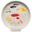 Round ceramic spoon rest with colorful mushroom illustrations on a beige background