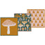 Three mushroom-patterned rugs on a white background