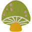 Mushroom-shaped rug with green cap, pink spots, white stem, and yellow base on a white background