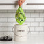 Person using a green composting tool to place food waste into a white compost bin with a tiled kitchen background.