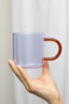 Hand holding a clear mug with a brown handle against a white background