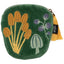 Green pouch with embroidered flowers and a tassel on a white background