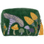 Green pouch with embroidered mushrooms and flowers on a white background