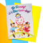 Vintage-style greeting card with ice cream cone character and children on a colorful background