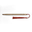 A gold-finished metal pen with a matching gold tip and a red tassel attached at the end, photographed on a clean white background.