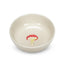 Ceramic bowl with a red mushroom design on a white background