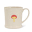 Beige mug with a red and yellow mushroom design on a white background