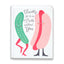 Card with cartoon pickle and hot dog characters and humorous text on a white background