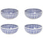 Set of four blue and white patterned bowls on a white background