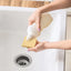 Person applying soap to a sponge over a sink