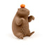 Brown animal-shaped tea infuser with a small orange on its head against a white background