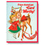 Vintage Christmas greeting card featuring an illustration of a young girl in a red coat and green skirt hugging a decorated brown reindeer. The card has a red border, red text reading 'I have deemed you Card Worthy!' at the top, and a red ribbon at the bottom that says 'MERRY CHRISTMAS!'.