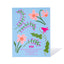 Floral design on a blue card with pink and green flowers.