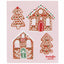 Decorative towel with gingerbread house and tree designs on a pink background, featuring the brand 'Ecologie danica'.