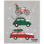Decorative towel with Christmas-themed cars and bicycle design on a gray background with snowflake pattern.
