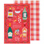 Tea towel with holiday spritz design featuring bottles and ingredients on a red background, next to a plaid fabric.