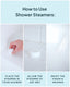 Instructions on how to use shower steamers with a hand placing a steamer in water.