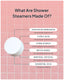 Infographic on shower steamers with ingredients listed on a pink tiled background