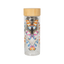Clear water bottle with butterfly design and wooden cap on a white background