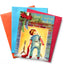 Vintage-style Christmas card with a child looking into a fireplace, surrounded by colorful envelopes.