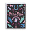 Greeting card with various symbols and text on a black background