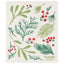 Fabric with green and red leaf pattern and 'Ecologie danica' branding on a white background