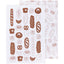 Two white tea towels with brown bakery-themed illustrations, including breads, pretzels, donuts, and pastries, shown against a plain white background.