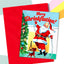 Christmas card with Santa Claus and a cat, featuring the text 'Merry Shrinkflation!', on a red envelope.