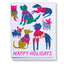 Greeting card with colorful animals wearing sweaters and 'Happy Holidays' text on a white background