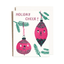 A holiday greeting card with the words “HOLIDAY CHEER!” printed on it, featuring two pink ornament illustrations with green pine branches on an off-white card, with a matching envelope behind it.