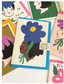 Collection of greeting cards with artistic illustrations on a white background