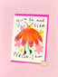Greeting card with a colorful butterfly illustration and text on a pink background
