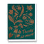A square green greeting card with metallic rose-gold floral cutouts and the words 'Thanks so much!' in script, shown with a white envelope behind it on a white background.