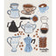 Decorative towel with coffee-themed illustrations and 'Ecologie danica' branding.