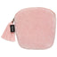 Pink velvet pouch with tassel and brand tag on a white background