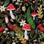 Pattern of red and white mushrooms with green leaves and flowers on a black background