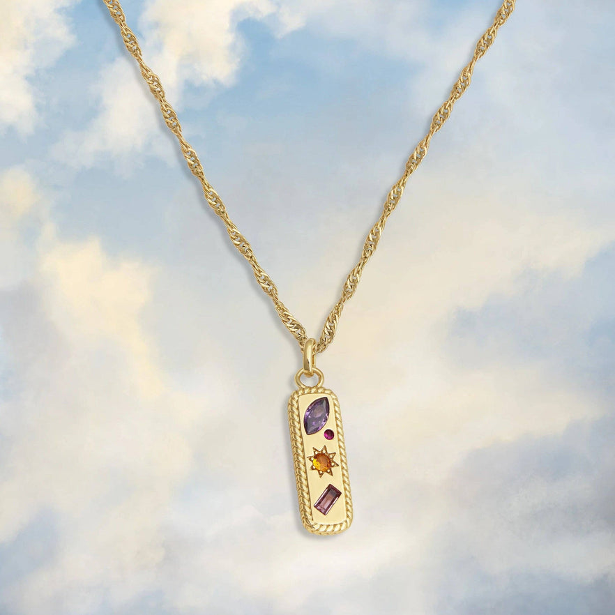 Kaleidoscope Gemstone Tag Pendant Necklace: Gold