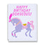 Birthday card with a purple unicorn and pink text on a white background