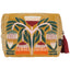 Decorative pouch with floral patterns on a mustard yellow background