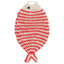 Crocheted fish-shaped item with red and white stripes on a white background