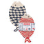 Two fish-shaped washcloths, one with a blue and white pattern and the other with a red and white pattern, on a white background.