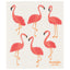 Dishcloth with pink flamingo pattern and 'Ecologie danica' branding on a white background