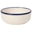 White ceramic bowl with blue rim on a white background