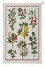 Tea towel with botanical designs on a striped background