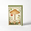 Card with illustrations of mushrooms and flowers on a white background