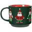 Green mug with Santa Claus and elf designs on a white background